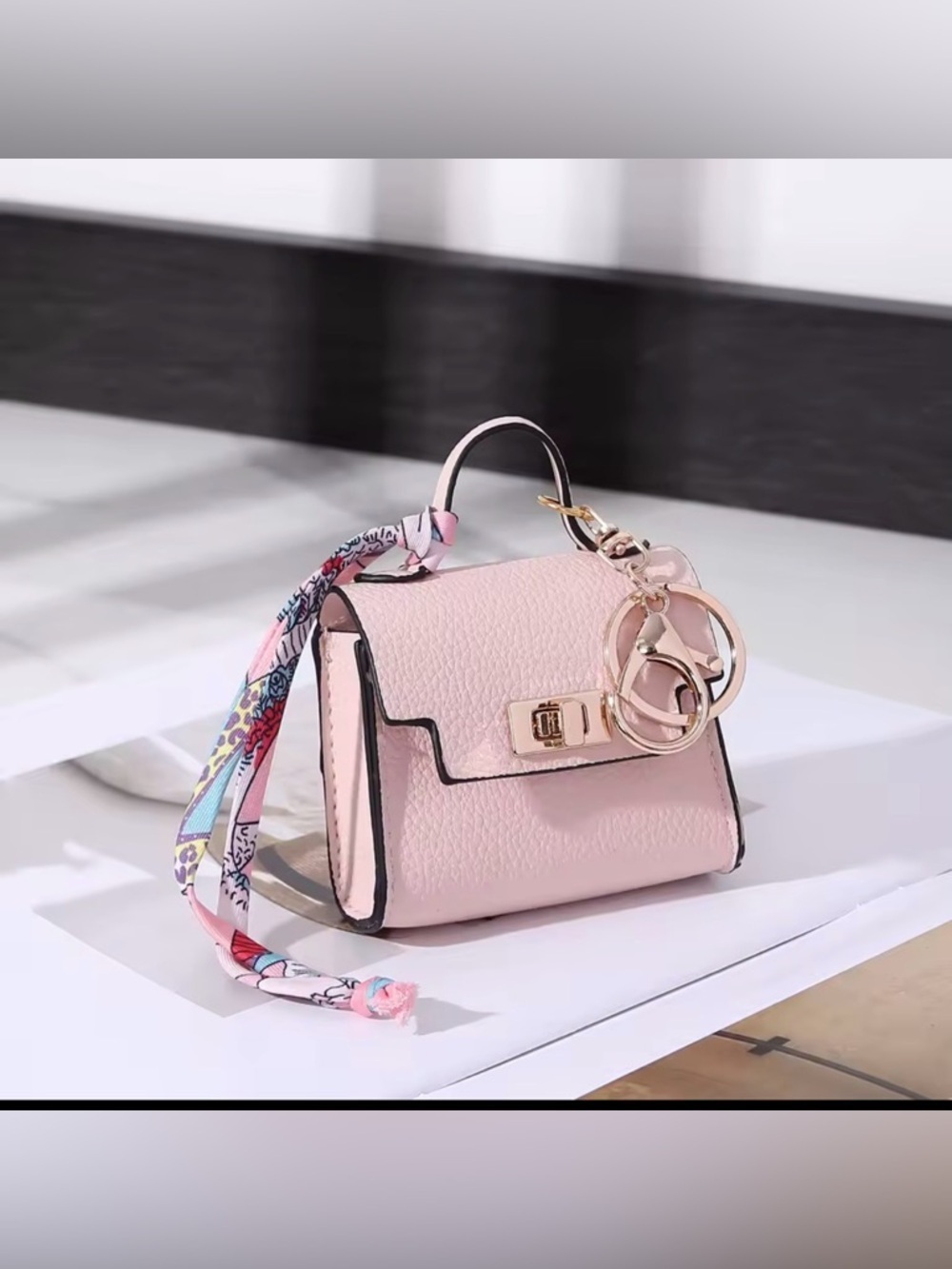 Pink Mini Bag Charm Accessory with Gold Hardware and Scarf Accent
